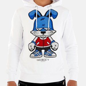 Avenue George V Paris Men's White Hoodie Bunny Pullover Sweatshirt Rhinestone